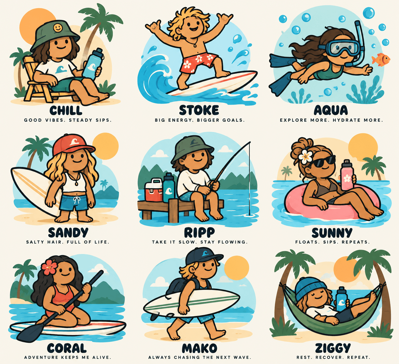 The nine Hydro Homies on beach and water adventures